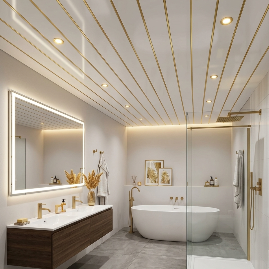 White PVC Ceiling Panels with Gold Lines 2700 x 250 x 8mm | Macson Ltd