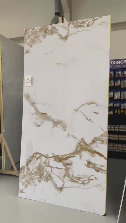 Sahara Gold Marble solid wall panel 2400x1220x10mm waterproof marble effect PVC wall cladding front view video