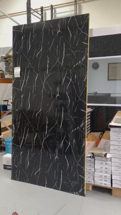 Black Calacatta solid wall panel waterproof bathroom wall panel installation and finish demonstration
